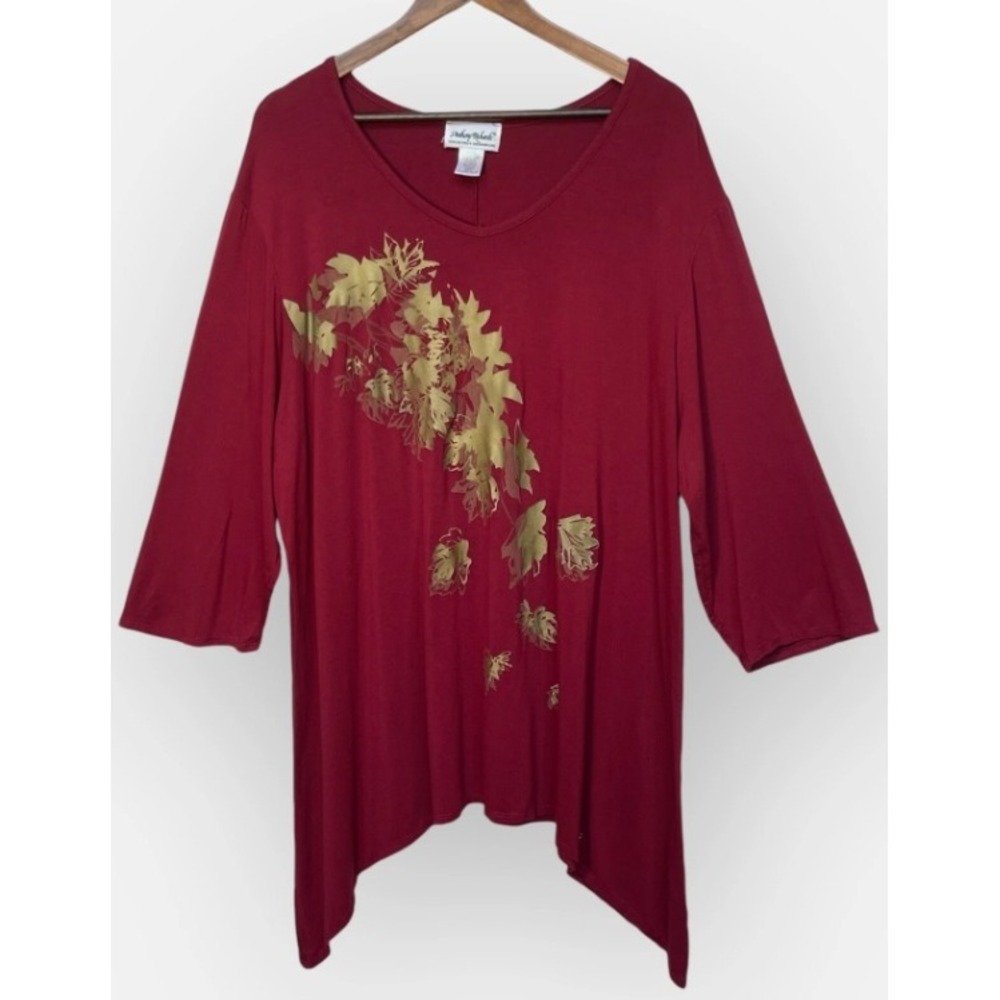 Anthony Richards Womens 2X Burgundy Gold Leaf Sharkbite Hem Tunic Top 3/4 Sleeve